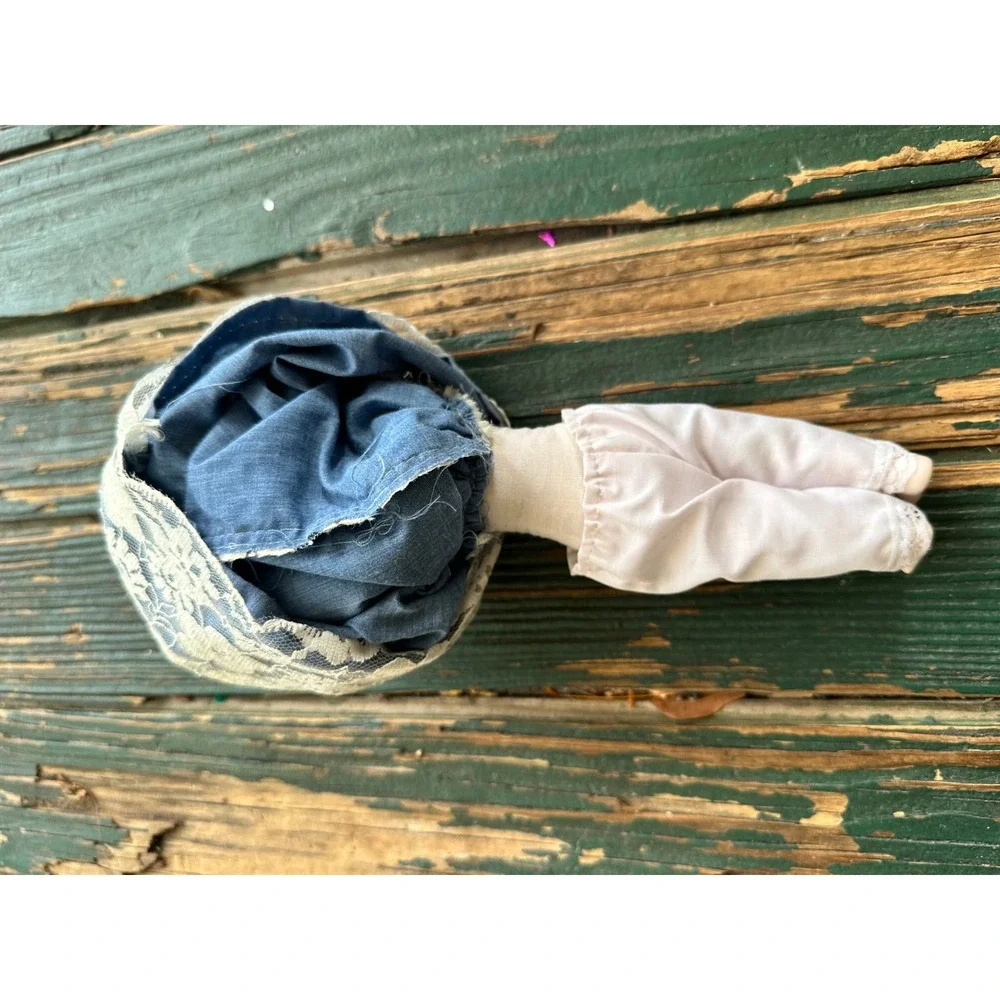 Vintage Porcelain Lace Doll Ornament Blue Denim Floral Dress‎ 9 Inch Taiwan